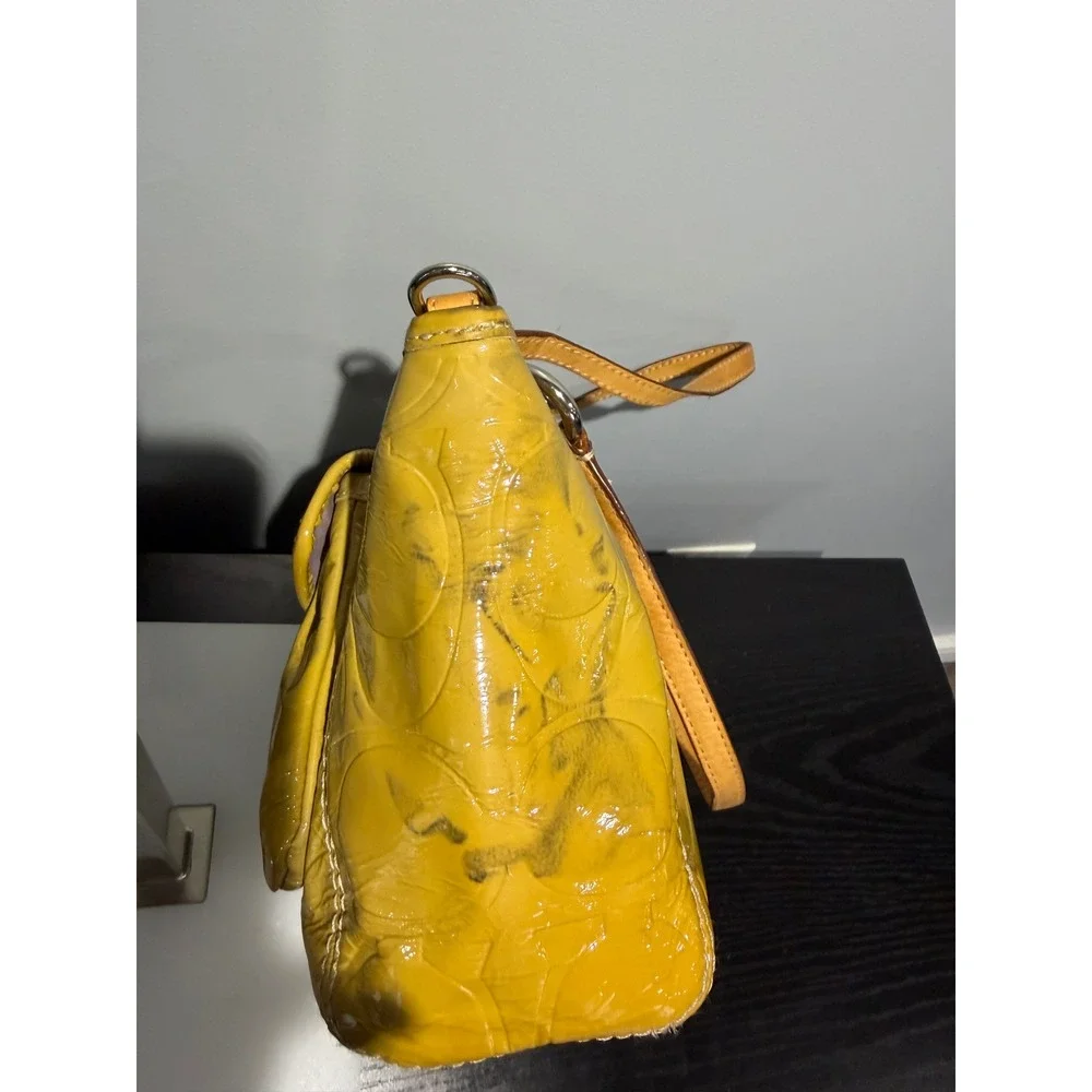 Coach Yellow Embossed Patent Leather Satchel Handbag F14729 with Charm